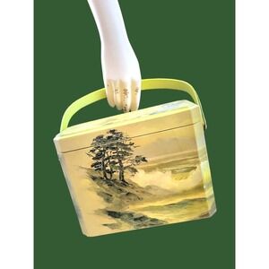 Vtg Green Japanese‎ Painted Box Purse Container Vanity Dresser Storage